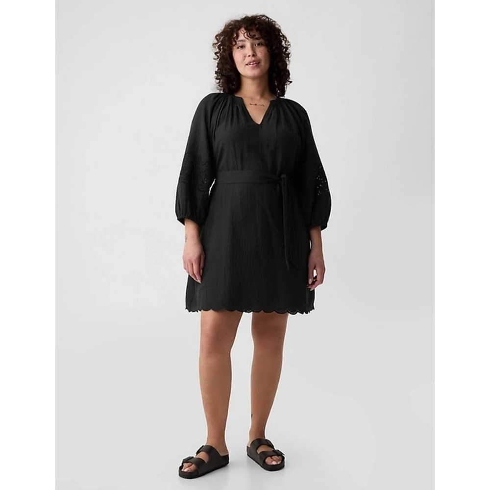New Gap Dress Medium Petite Balloon Sleeve Elbow Black 100% Cotton Eyelet V-Neck